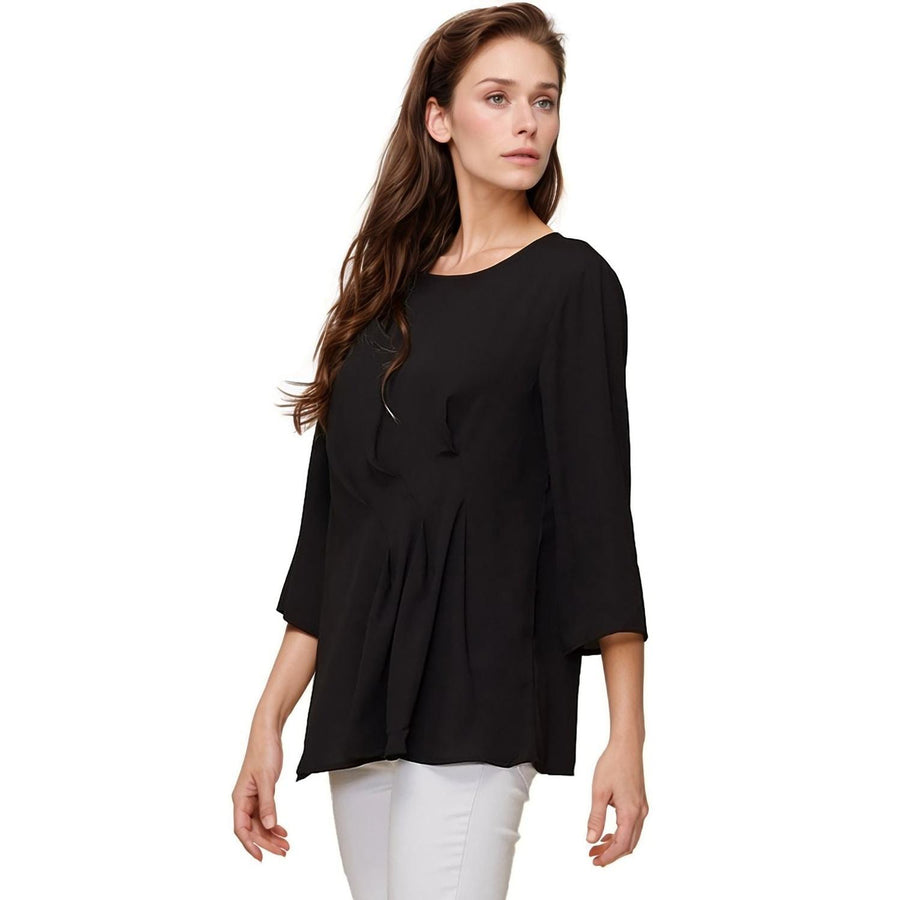 Pleione Women's 3/4 Sleeve Pleated Blouse Top in Black