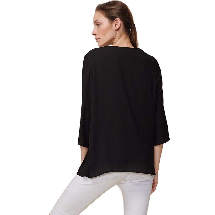 Pleione Women's 3/4 Sleeve Pleated Blouse Top in Black