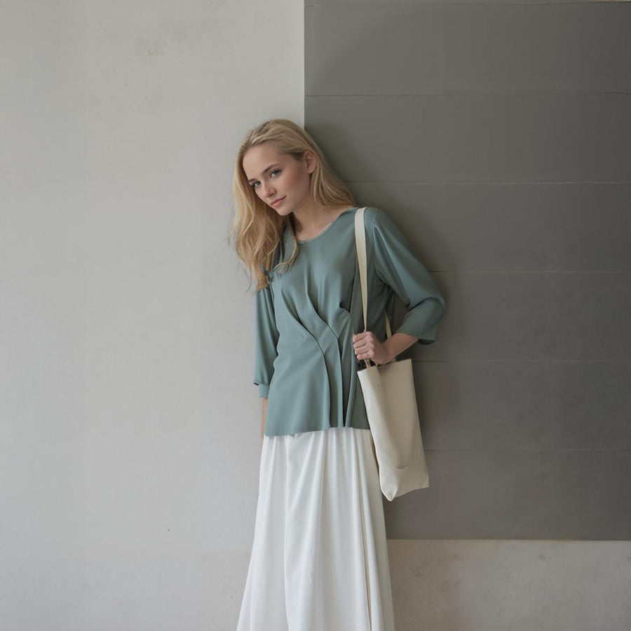 Pleione Women's 3/4 Sleeve Pleated Blouse Top in Sage - shopatkonus