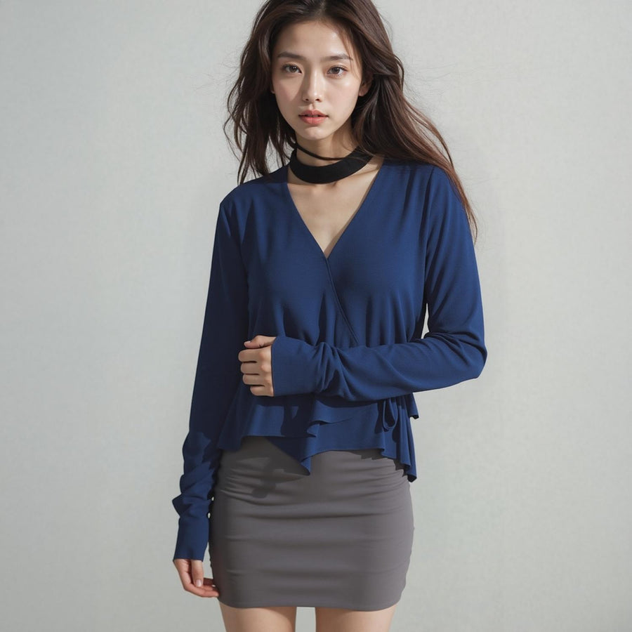 Pleione Wrap Front Long Sleeve Blouse - shopatkonus