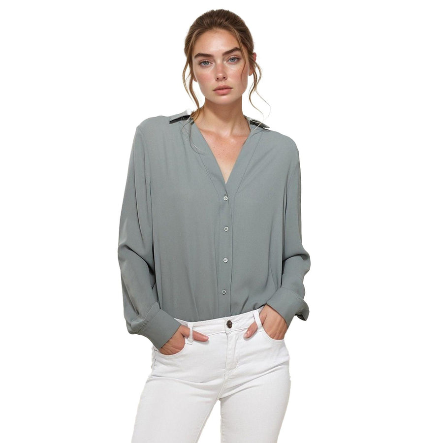 Pleione V-Neck Front Placket Long Sleeve Blouse