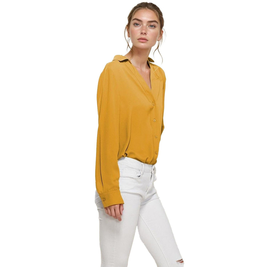 Pleione V-Neck Front Placket Long Sleeve Blouse