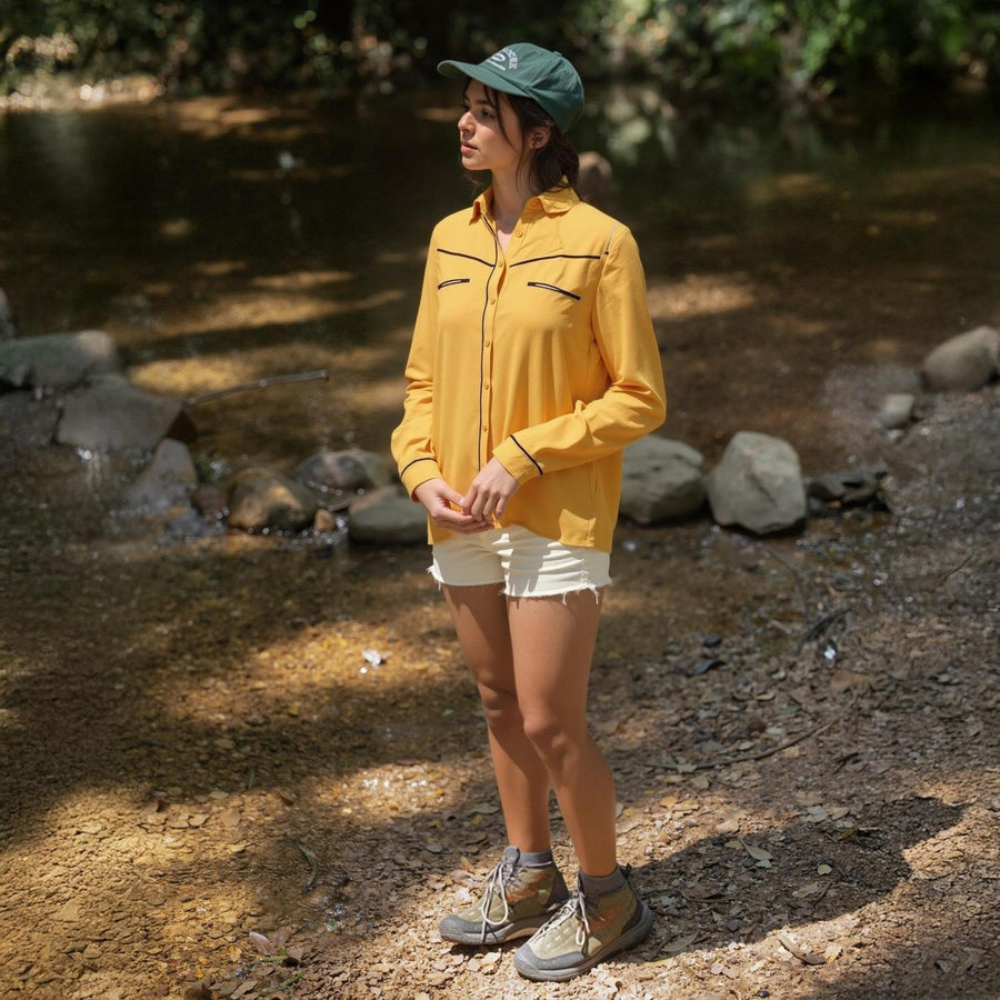 Pleione Women's Rounded Collar Button Down Shirt Blouse in Honey - shopatkonus