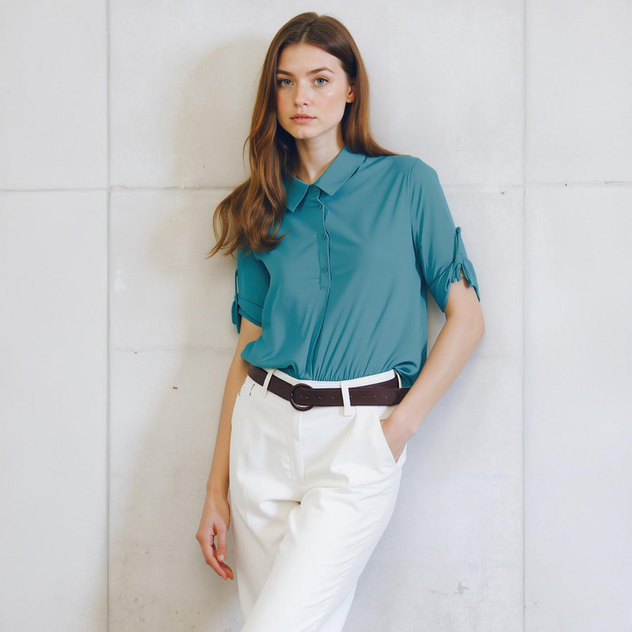 Pleione Women's Button Down Short Sleeve Blouse