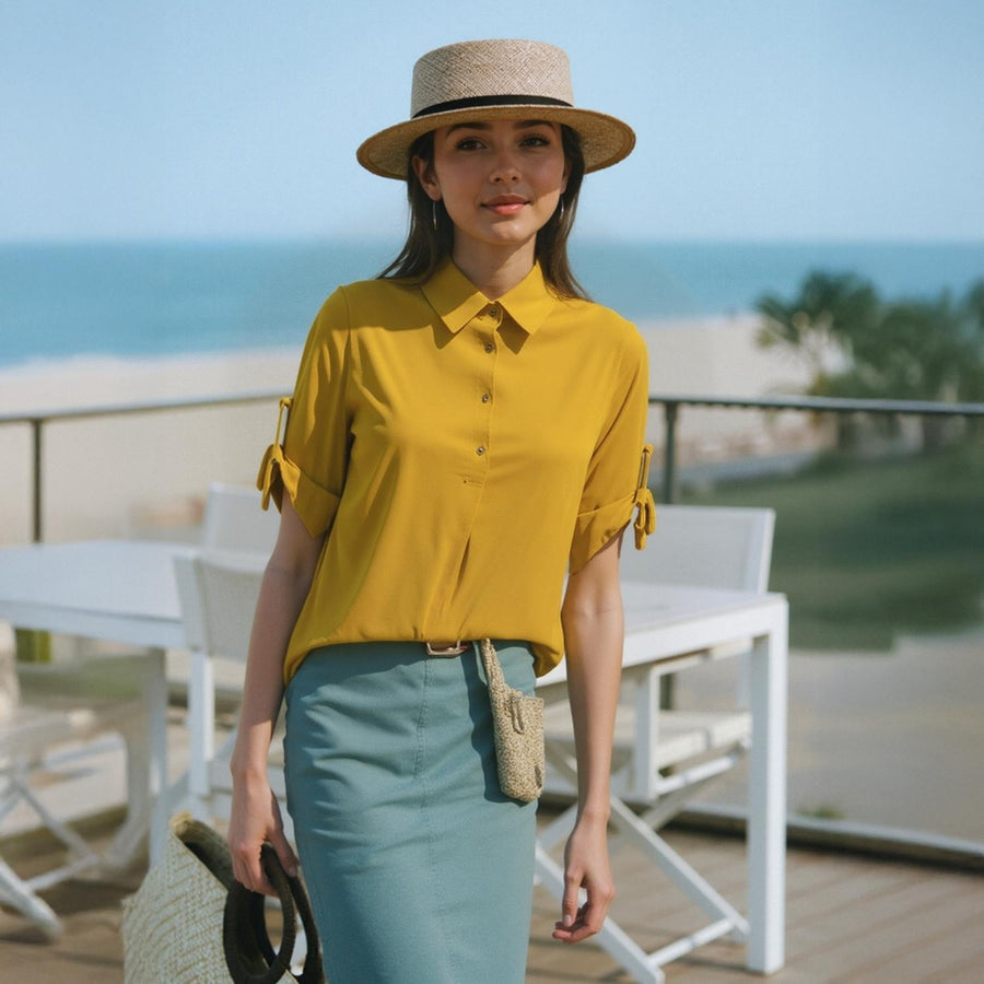 Pleione Women's Button Down Short Sleeve Blouse