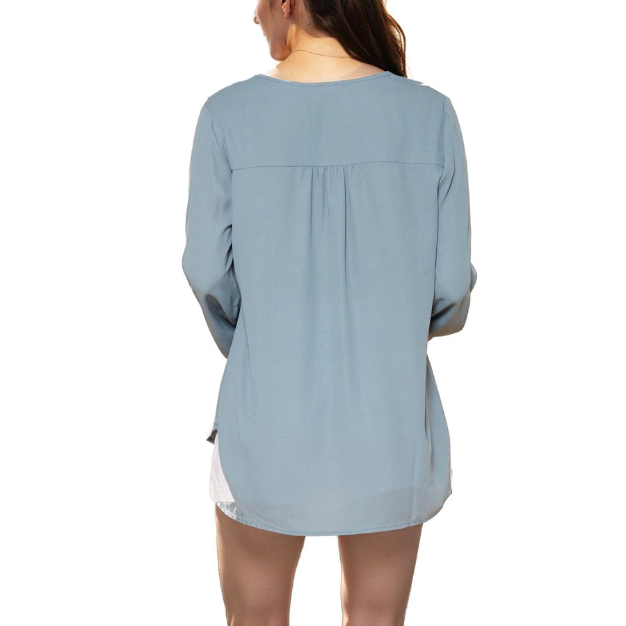 N/A Pleione Solid V-Neck Smock Wrist Blouse in Caspian Blue (FIND)