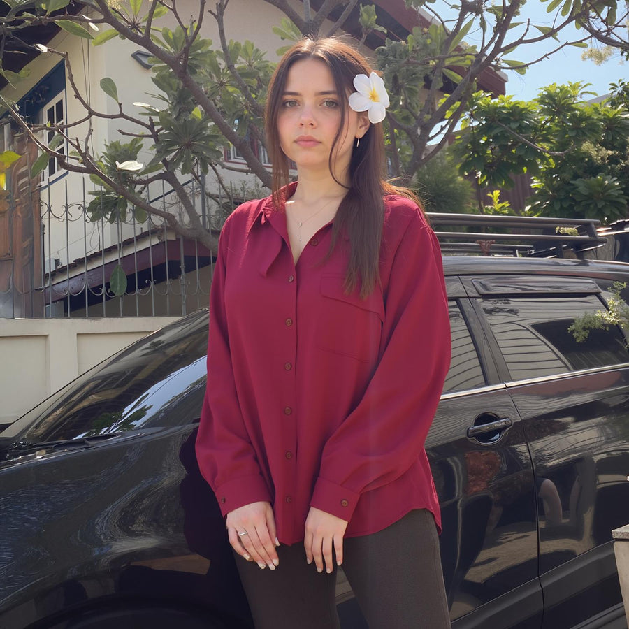 Pleione Women's Solid Low Back Button Shirt in Burgundy - shopatkonus