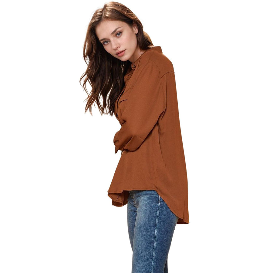 Pleione Women's Solid Low Back Button Shirt in Brown