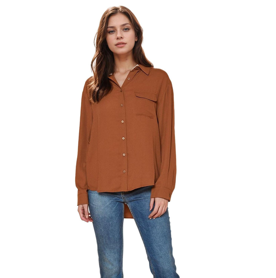 Pleione Women's Solid Low Back Button Shirt in Brown