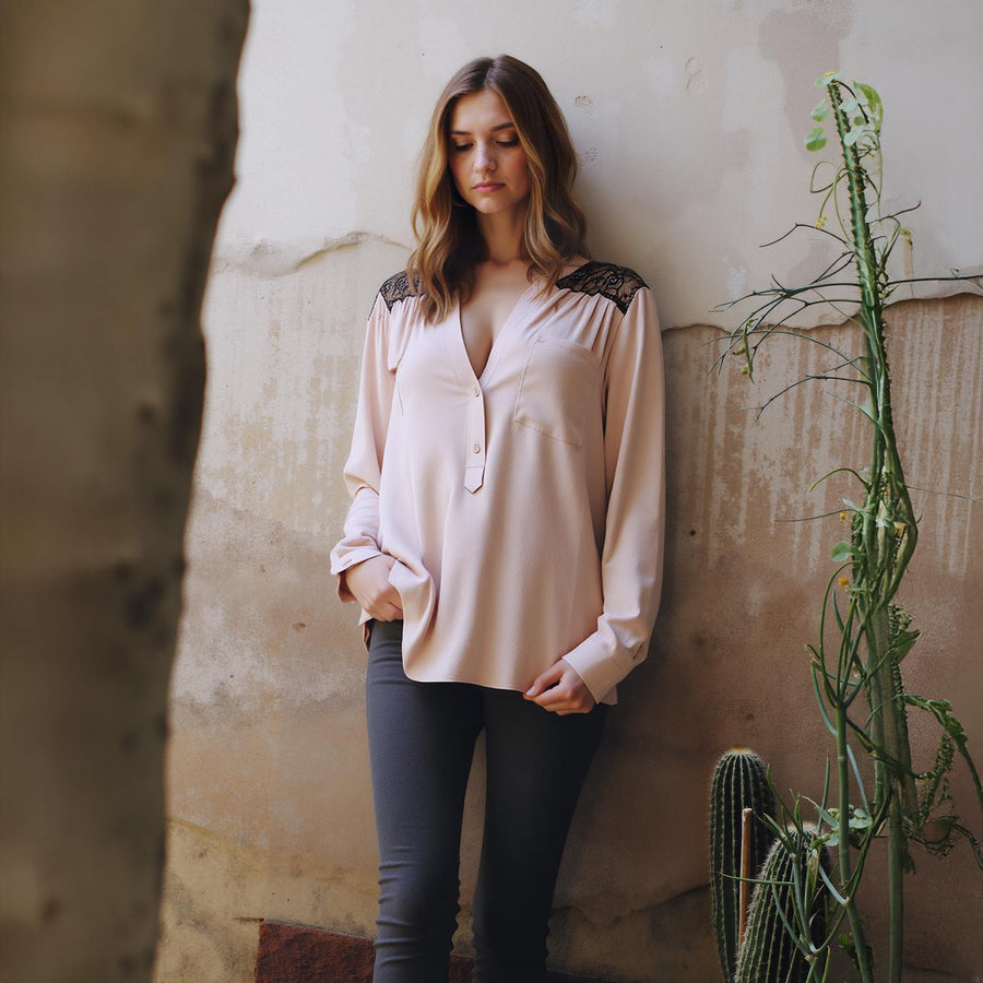 Pleione V-Neck Laced Shoulder LS Top in Dusty Rose - shopatkonus