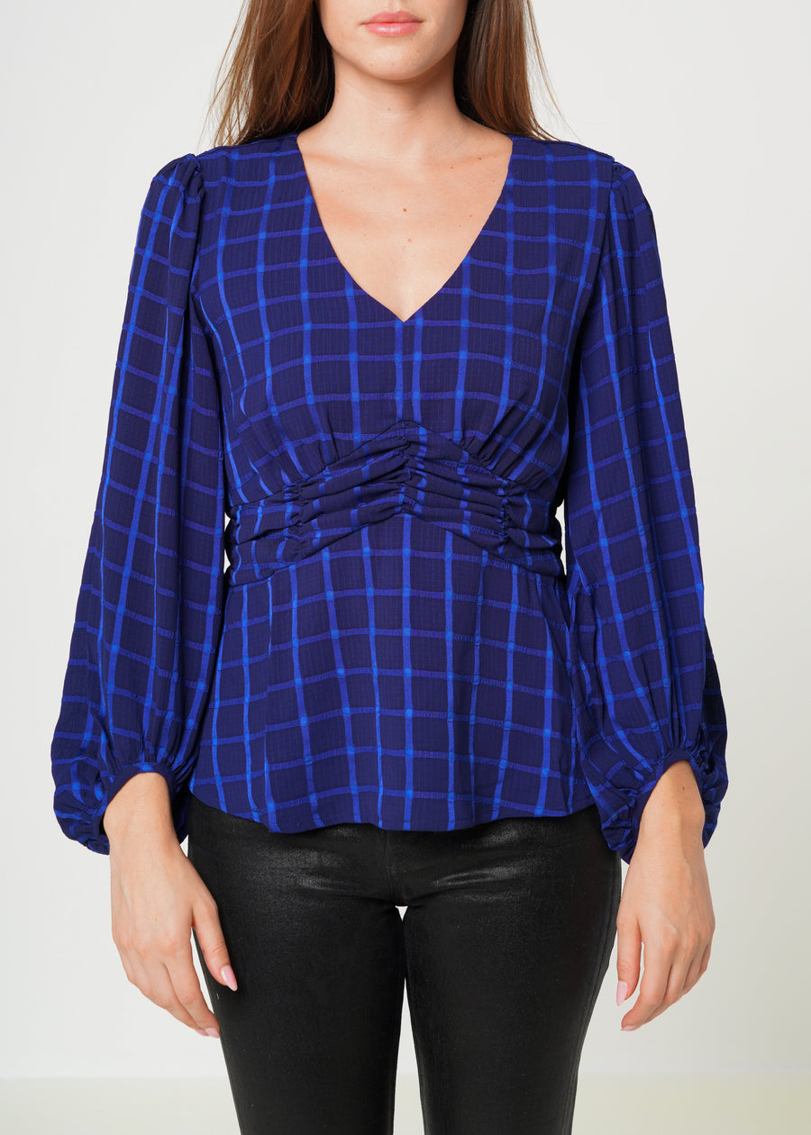 V-neck Checkered Blouse in Night Plaid