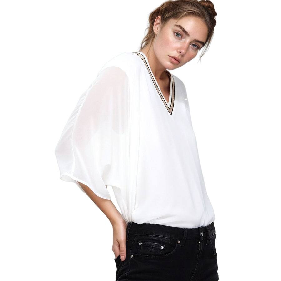 UPDATED - Pleione V-Neck Chiffon Blouse Top In White