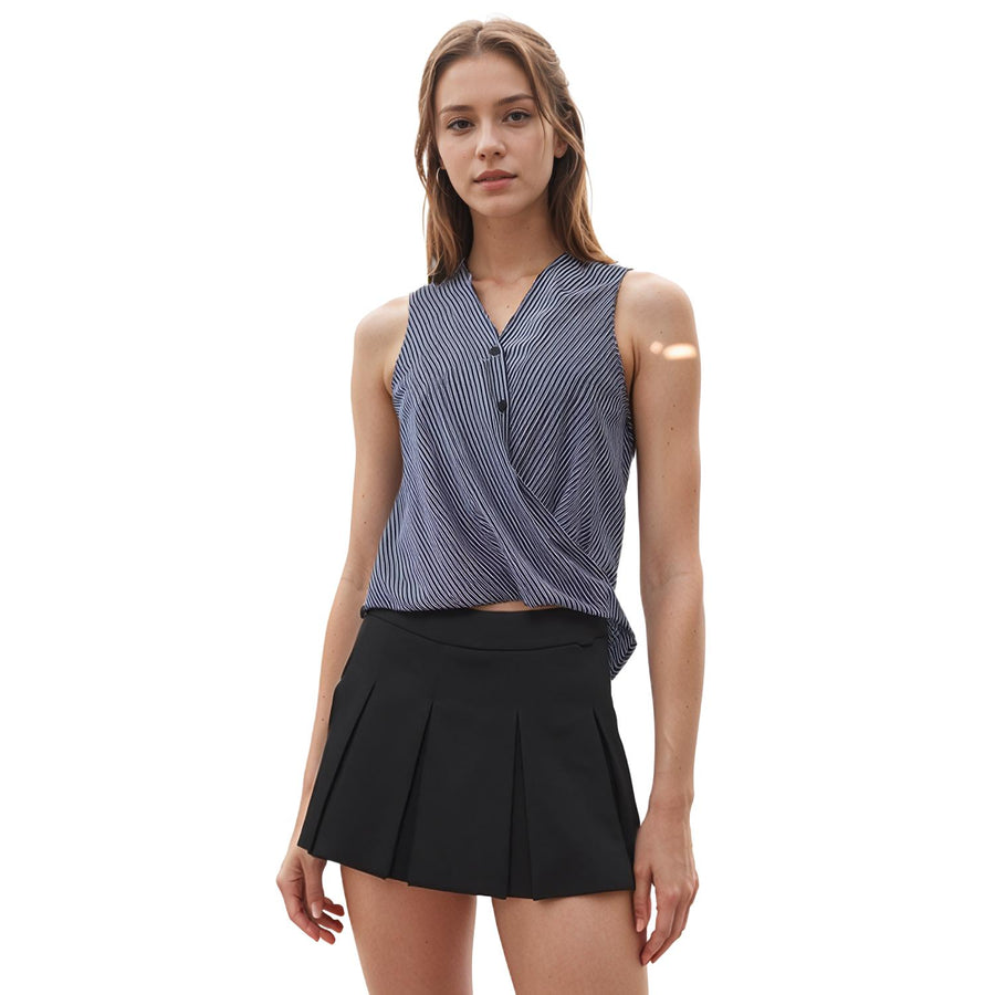 Pleione Sleeveless Hi-Lo Surplice Wrap Button Top In Blue Stripe