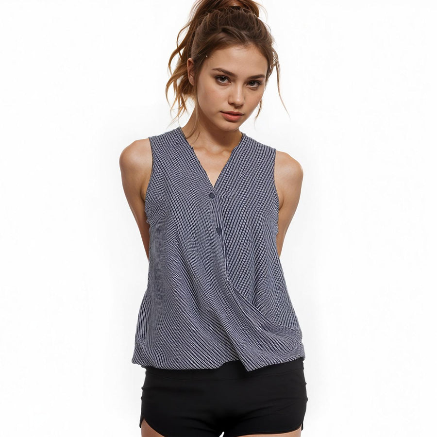 Pleione Sleeveless Hi-Lo Surplice Wrap Button Top In Blue Stripe