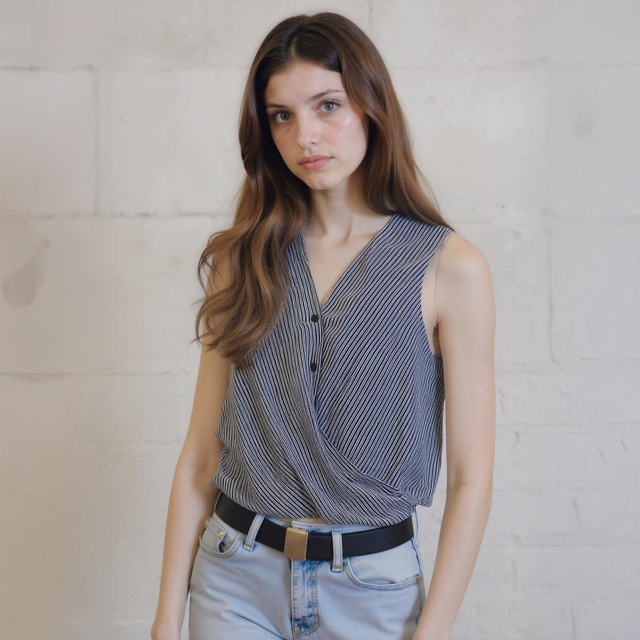 Pleione Sleeveless Hi-Lo Surplice Wrap Button Top In Blue Stripe