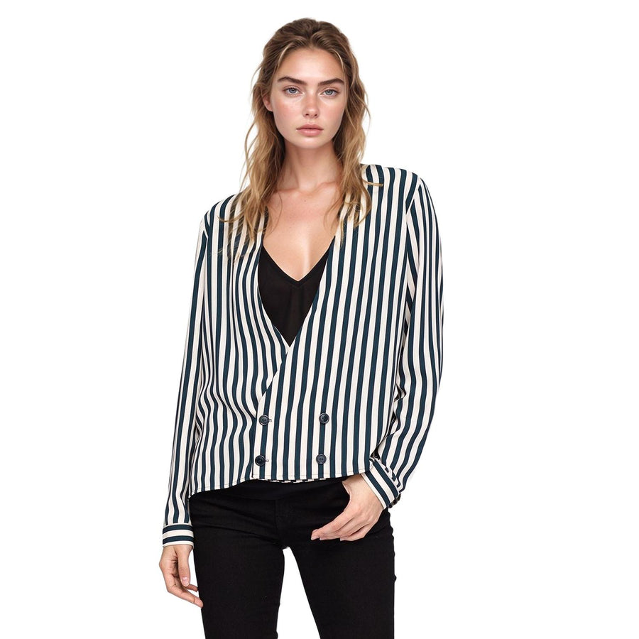 Pleione V-neck Button Down Stripe Shirt Blouse in Cream Green Stripe