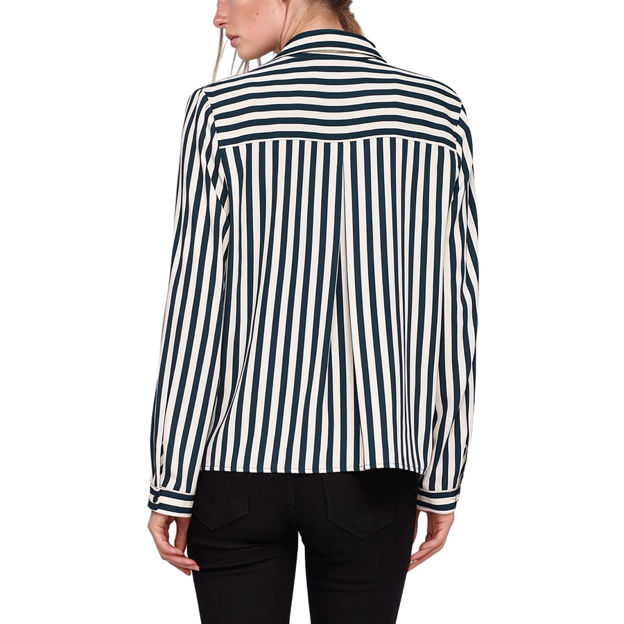 Pleione V-neck Button Down Stripe Shirt Blouse in Cream Green Stripe