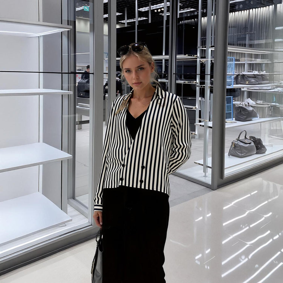 Pleione V-neck Button Down Stripe Shirt Blouse in Cream Green Stripe - shopatkonus