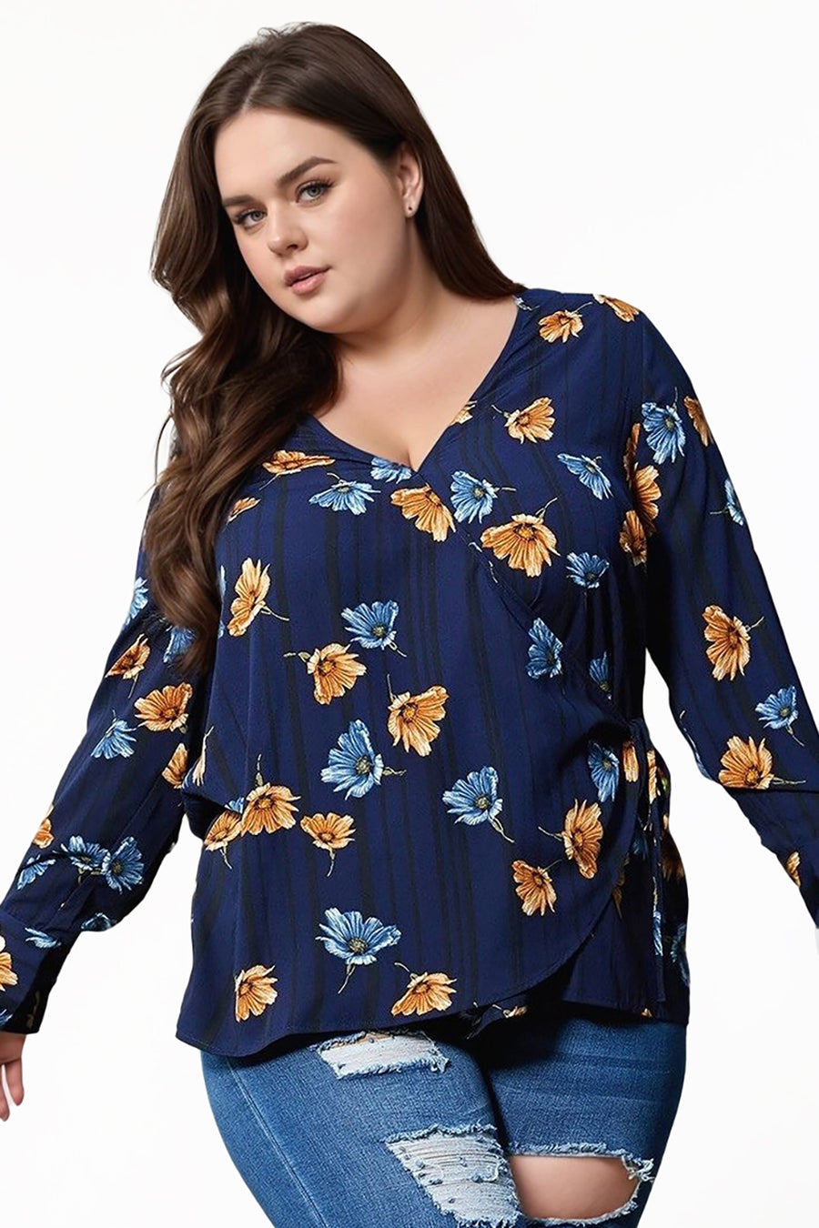 Pleione Plus Size Wrap Front Long Sleeve Blouse