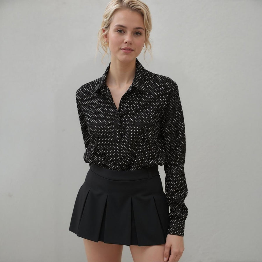 Pleione Women's Button Down Shirt Blouse in Black Polka Dot
