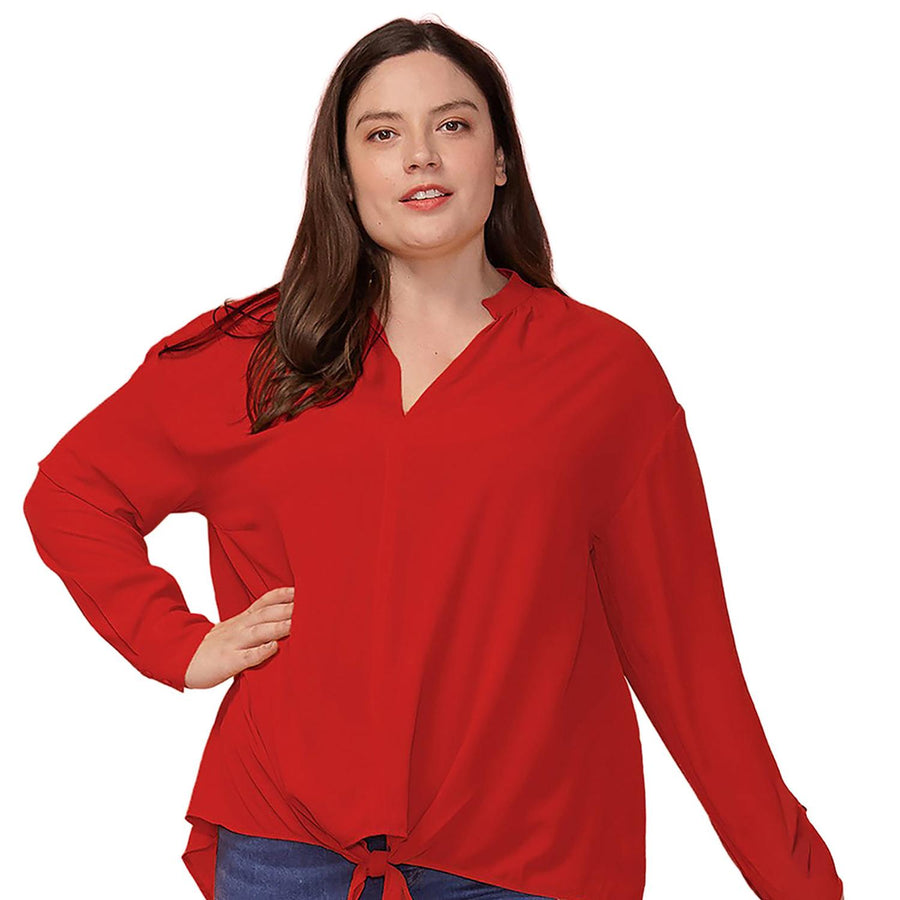 Pleione Plus Size Women's Mandarin Collar Tie Hem Blouse - shopatkonus