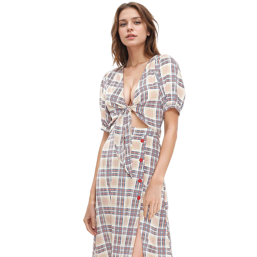 Women's Multi Check Front Tie Hem Blouse - shopatkonus