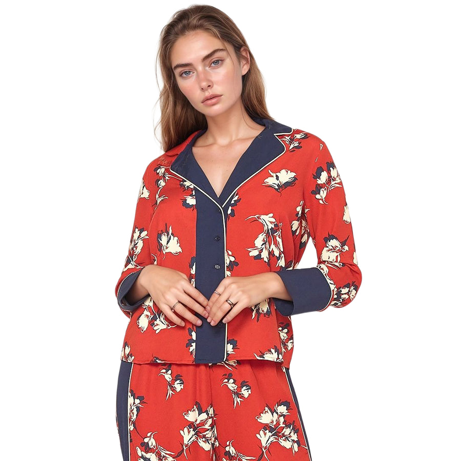 Pleione Floral Navy Contrast Pajama Blouse