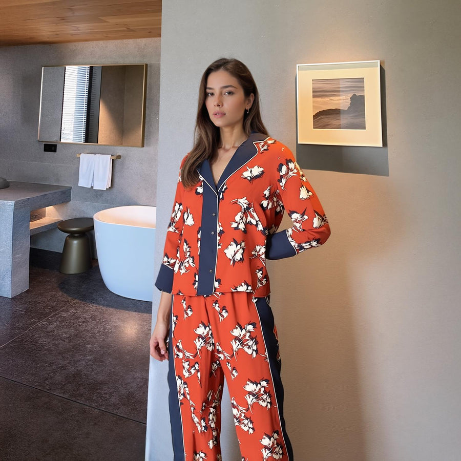 Pleione Floral Navy Contrast Pajama Blouse - shopatkonus