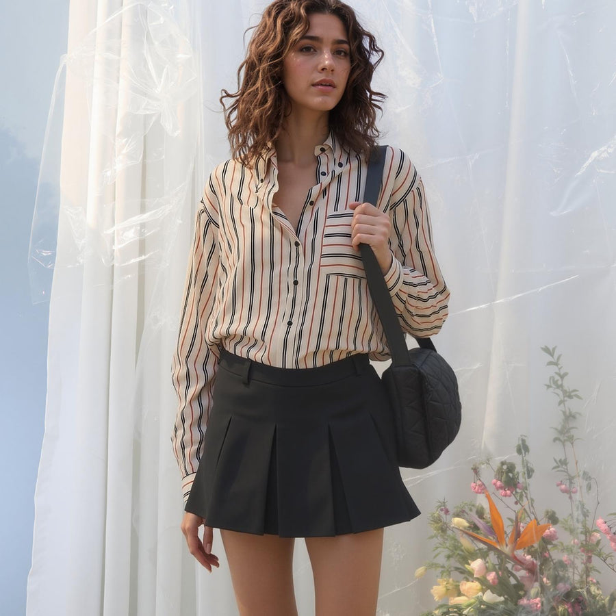 Pleione Women's Button Up Multi Stripe Shirt in Multi Stripe