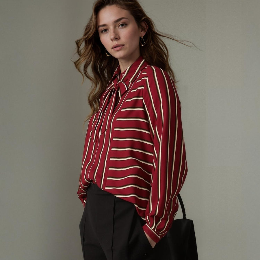 Pleione Womens Stripe Tie Neck Blouse in Dark Red Multi Stripe
