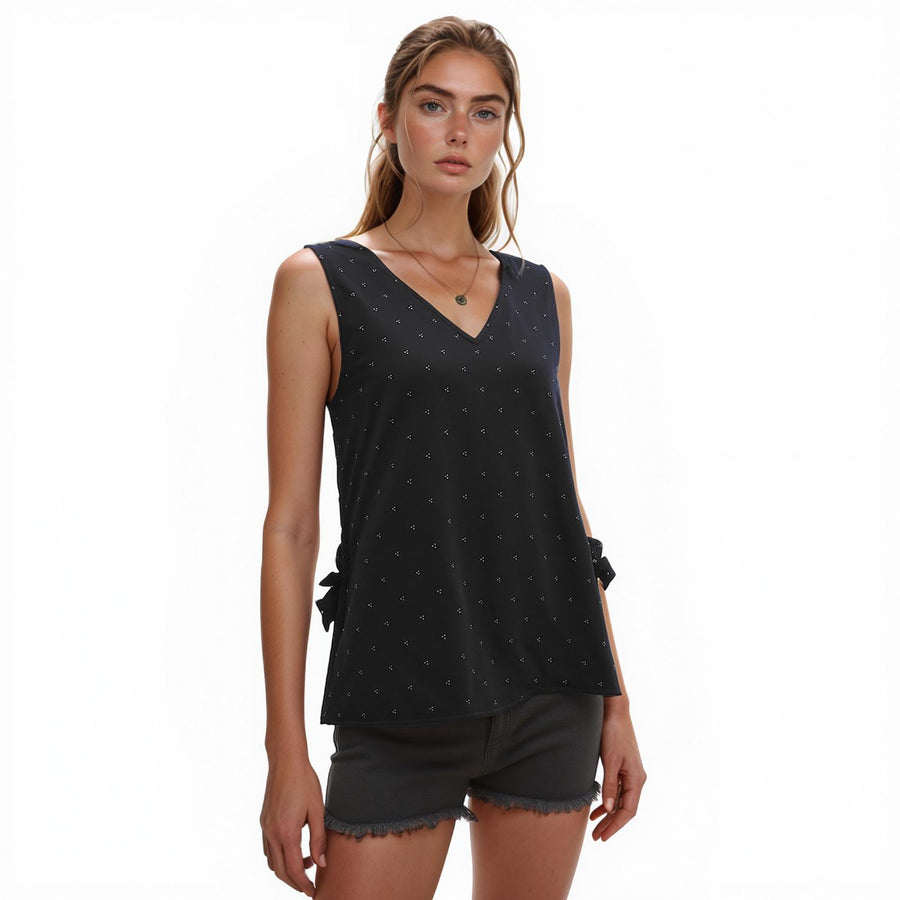 Pleione V-Neck Side Cinch Tie Shell Top In Black - shopatkonus