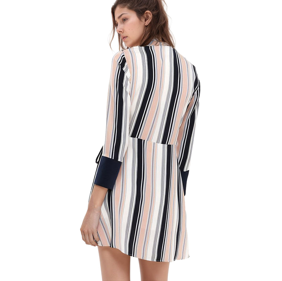 Women's Printed Wrap Dress With Cuff Binding in Multi Stripe