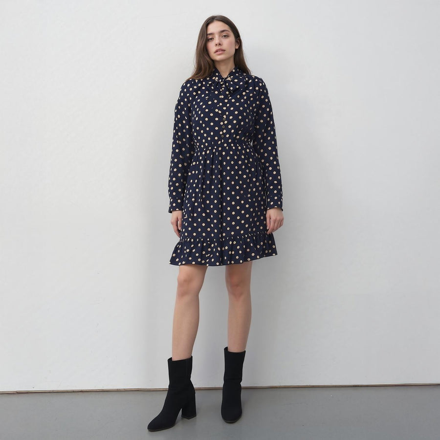 UPDATED - Pleione Polka Dot Tie Neck Dress in Navy Taupe Polka