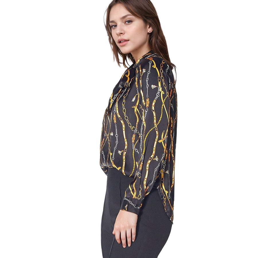 Pleione Women's Chained Print Scarf Tie Blouse