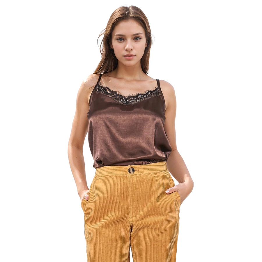 Pleione Women's Lace Trim Cami Blouse In Chocolate