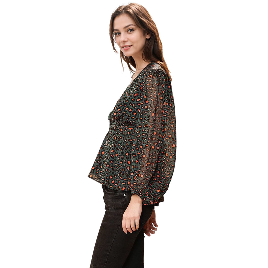 Women's V-neck Puff Sleeve Blouse in Leopard Hunt