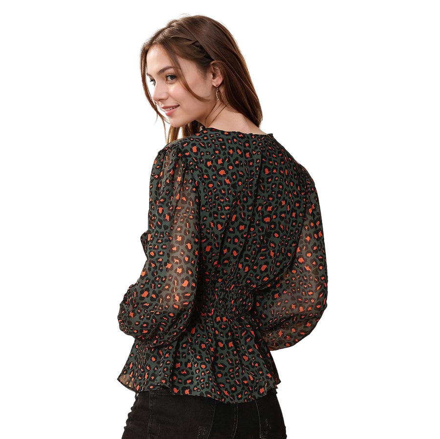 Women's V-neck Puff Sleeve Blouse in Leopard Hunt