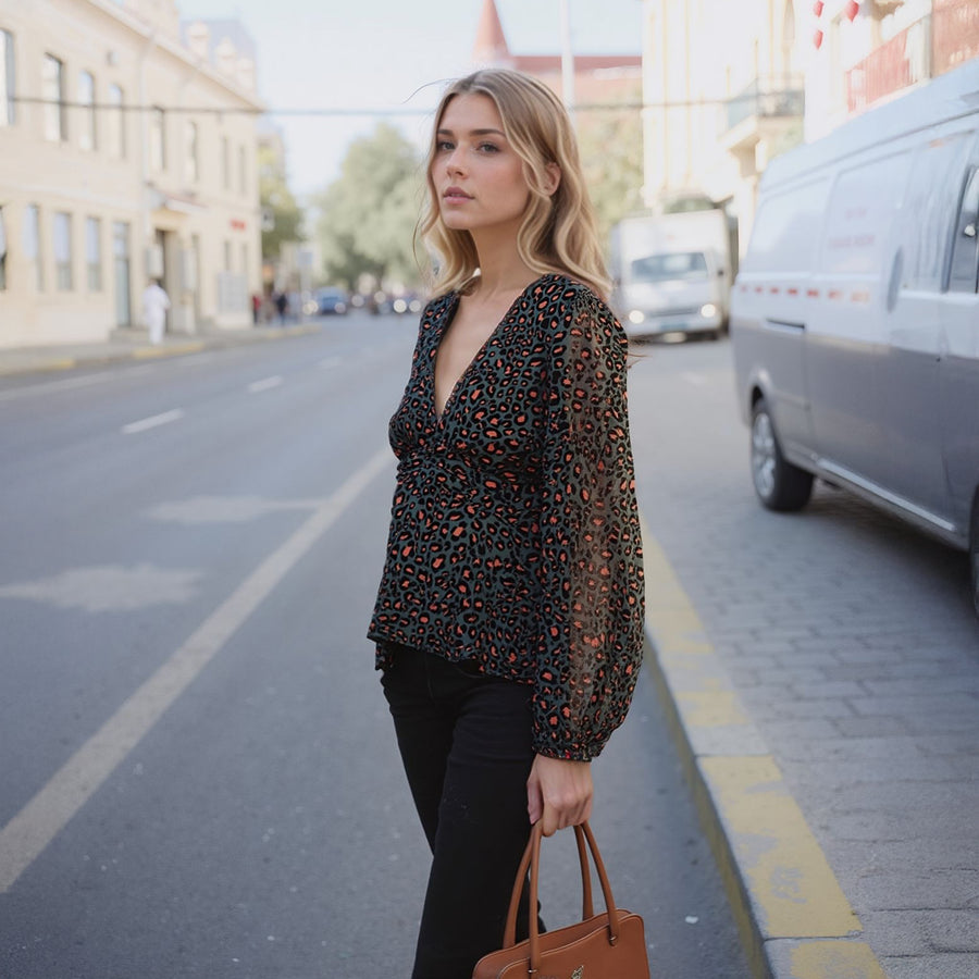 Women's V-neck Puff Sleeve Blouse in Leopard Hunt