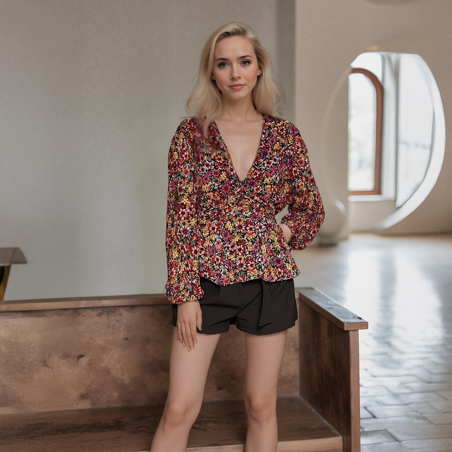 Pleione Women's V-Neck Puff Sleeve Top in Fuchsia - shopatkonus