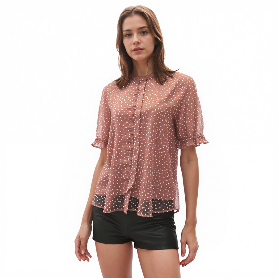 Pleione Sheer Ruffle Front Sleeve Blouse