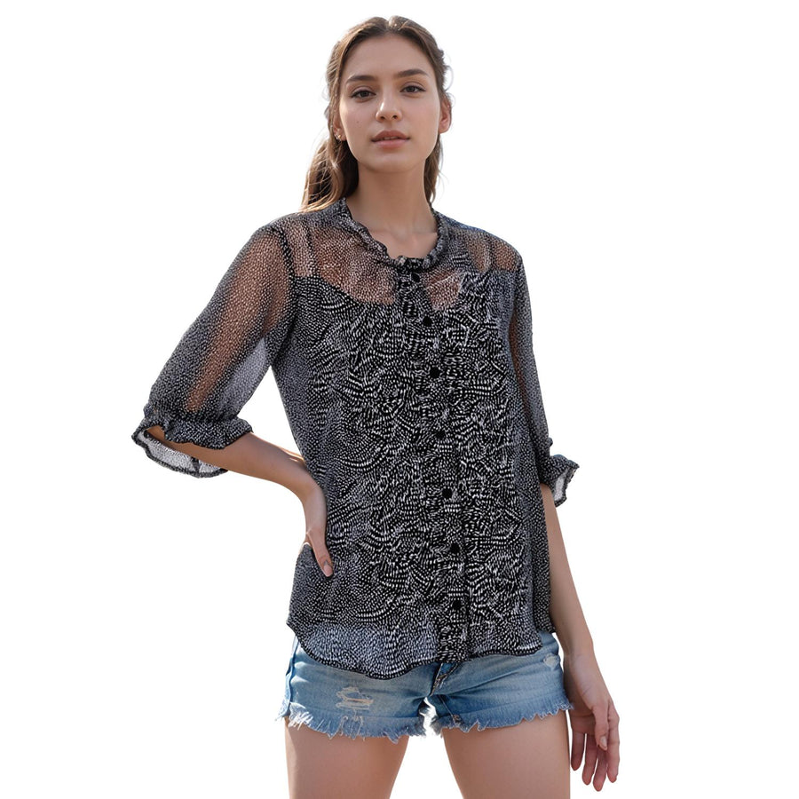 Pleione Sheer Ruffle Front Sleeve Blouse