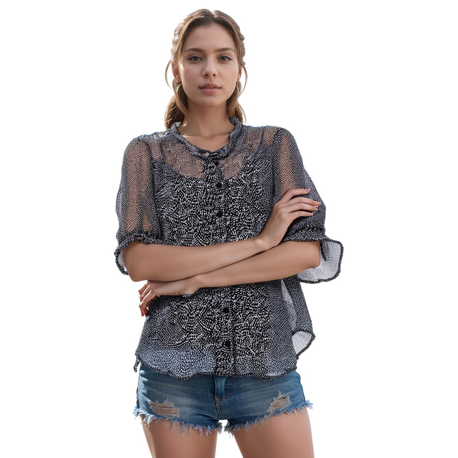Pleione Sheer Ruffle Front Sleeve Blouse