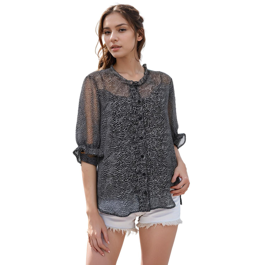 Pleione Sheer Ruffle Front Sleeve Blouse