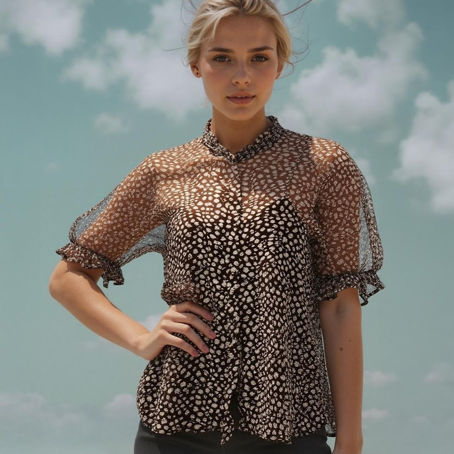 Pleione Sheer Ruffle Front Sleeve Blouse