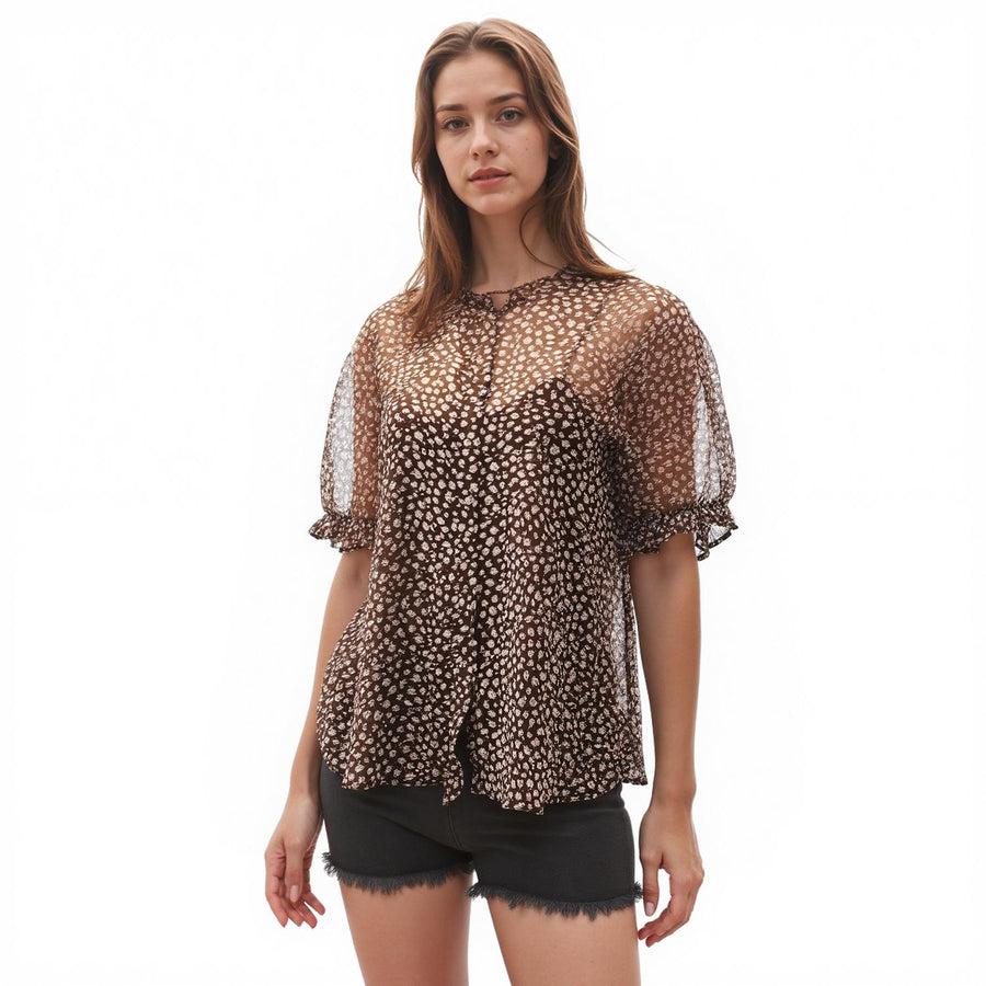Pleione Sheer Ruffle Front Sleeve Blouse