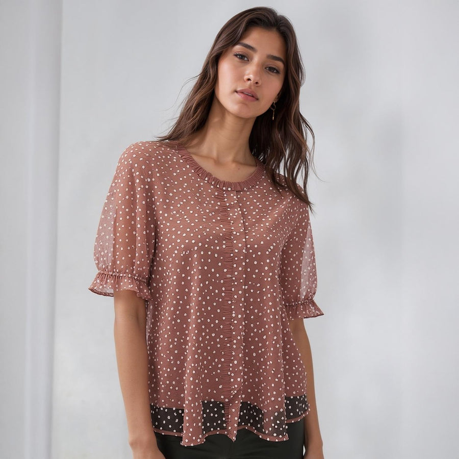 Pleione Sheer Ruffle Front Sleeve Blouse