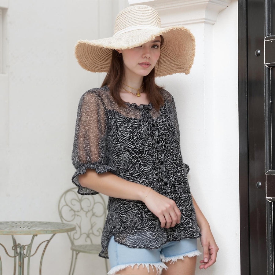 Pleione Sheer Ruffle Front Sleeve Blouse