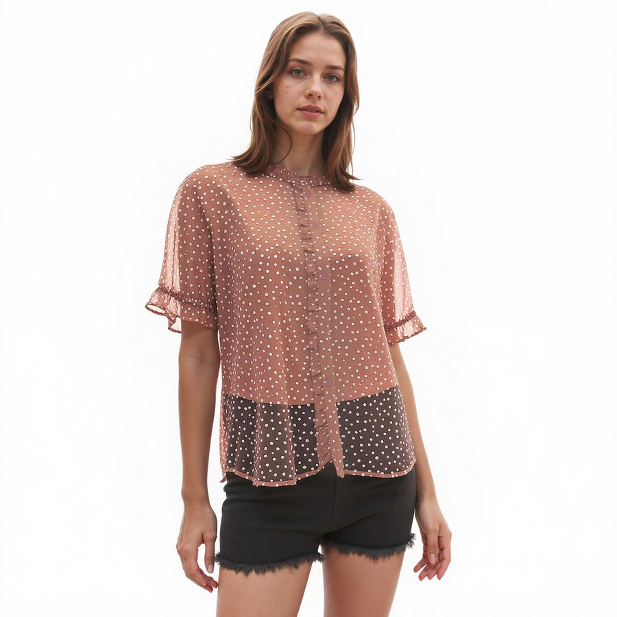 Pleione Sheer Ruffle Front Sleeve Blouse