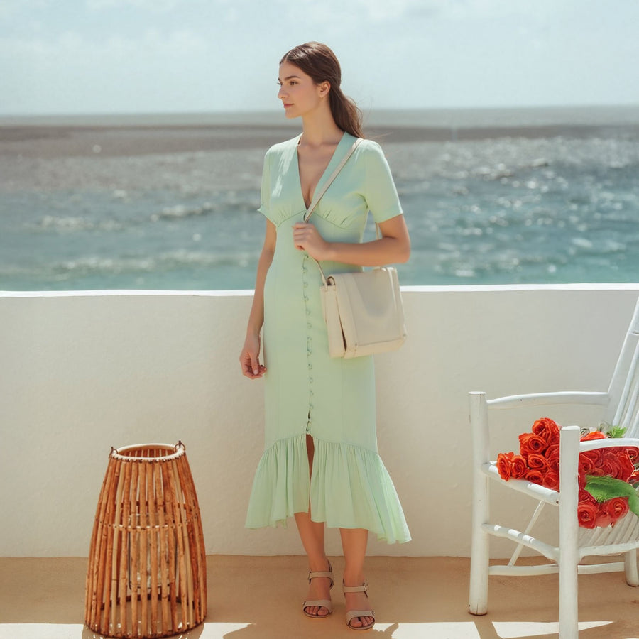 Women's V-Neck Mermaid Button Down Maxi Dress In Spring Sage