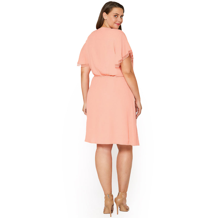 Plus Size Lace Trim Wrap Dress in Coral Plus Size Lace Trim Wrap Dress in Coral